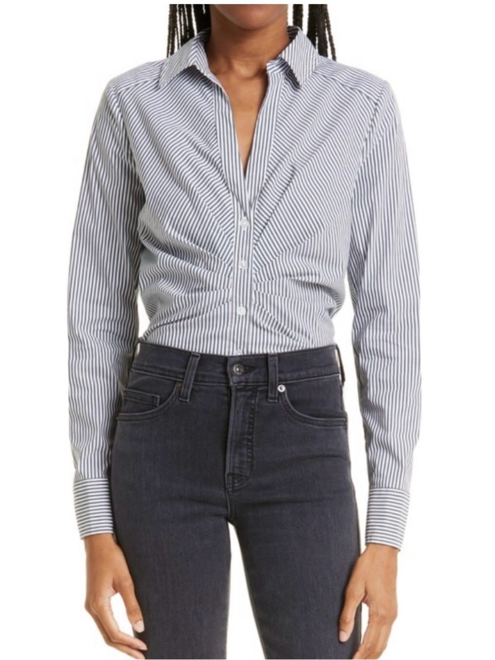 Veronica Beard Striped Ruched Button-Front Shirt NWT